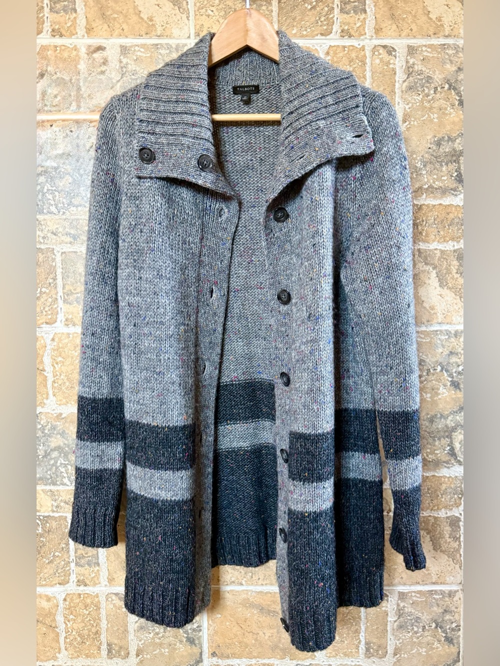 Talbots Gray Confetti Wool Blend Long Knit Button-Up Cardigan Coat Medium